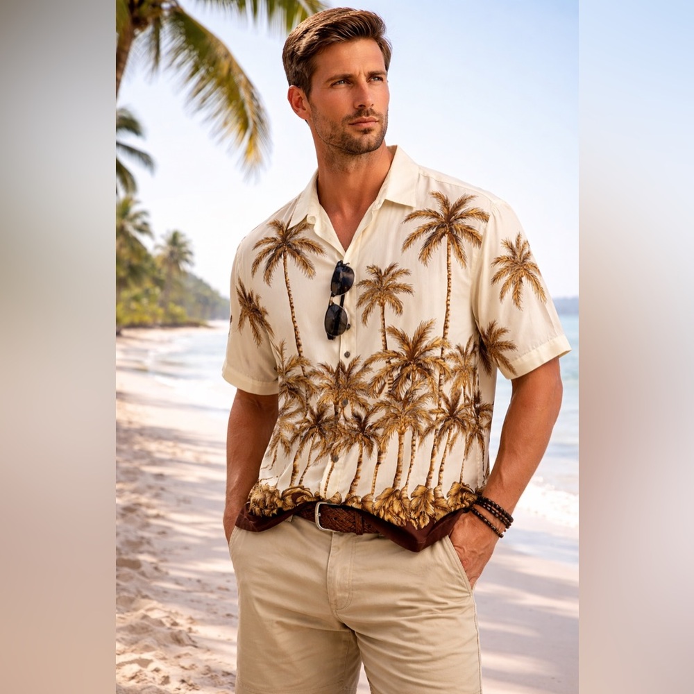 Jos A Bank Silk Hawaiian Shirt Mens XL Palm Tree Cream Brown Vacation
